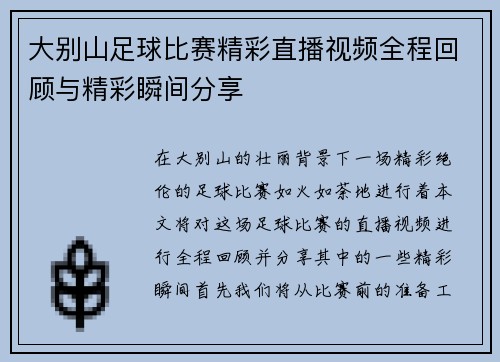 大别山足球比赛精彩直播视频全程回顾与精彩瞬间分享